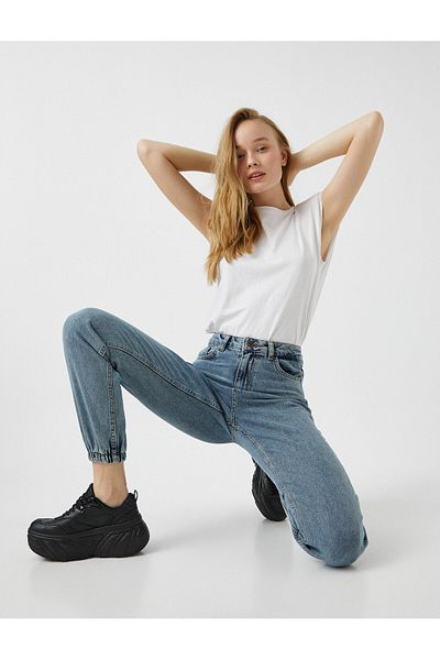 Koton Pantaloni de jeans Jogger din bumbac cu talie înaltă