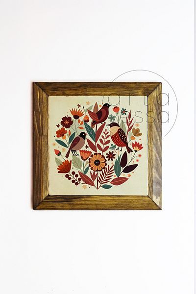 Artavessa Панел за картина с рамка от масивно дърво, камък, 16 x 16 см - Пролет и птици 1