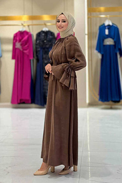 Bym Fashion 3925 Model Brown Dress - Ruffle Sleeve Detail