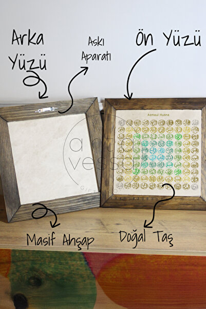 Artavessa Masif Ahşap Çerçeveli Taş Tablo Pano 26 x 26 cm - Esmaül Hüsna