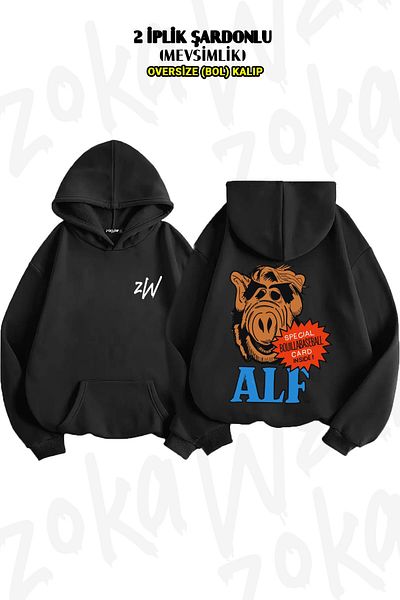 ZOKAWEAR Alf Retro Tv Series 80S Back Printed Oversize Hooded Sweatshirt - 2 Thread