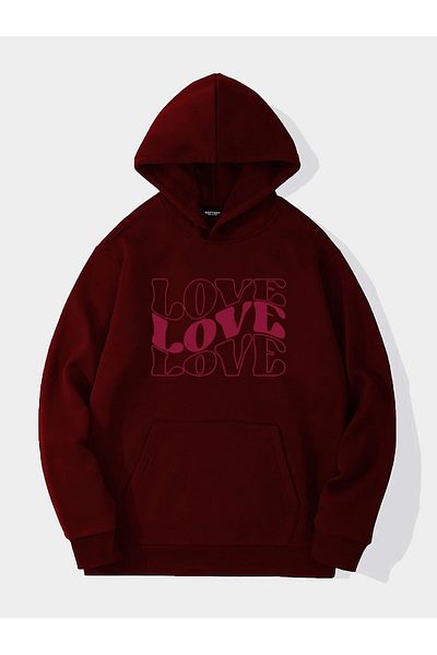 SOFTWAY Унисекс суитшърт с качулка от полар и принт Theree Love - бордо
