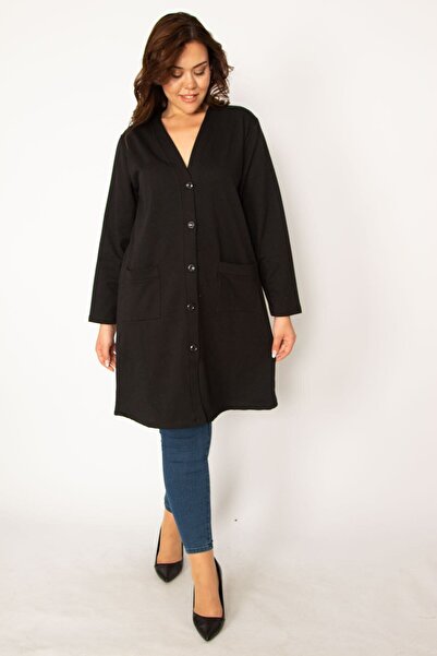 Şans Дамско черно яке с джоб с предни копчета с голям размер 65n34077