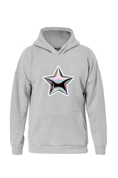 SOFTWAY Unisex Oversize Shining Metallic Star Printed Fleece Hooded Sweatshirt - Gray