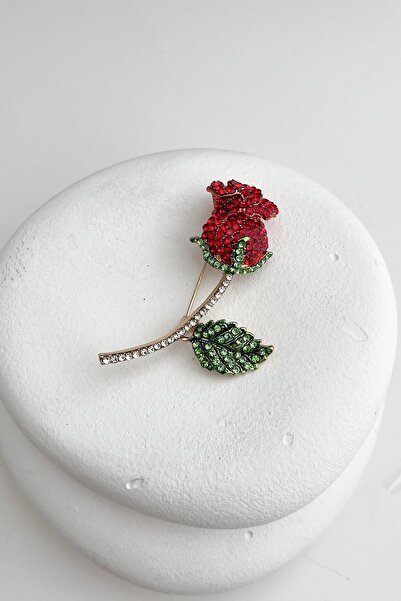 Modex Altın Rengi Taşlı Kırmızı Gül Broş (6cm)