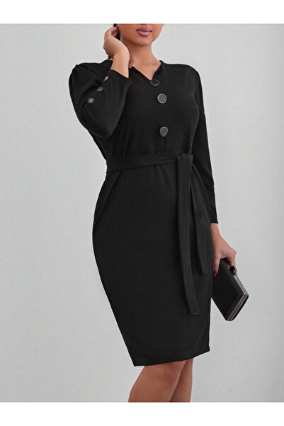 ALPACO Women's Long Sleeve Button Detail Self Belt Imported Crepe Dress