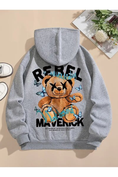 LAND MODA Hanorac unisex cu glugă cu imprimeu urs