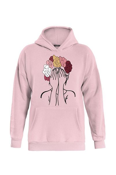SOFTWAY ΡΟΖ Unisex Fleece Oversize Φούτερ - Με κουκούλα και στάμπα