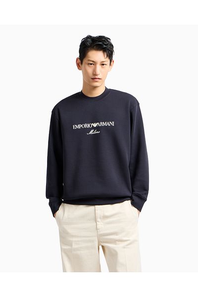 Emporio Armani Men's Round Neck Regular Fit Woven Fabric Printed Long Sleeve Navy Sweatshirt Em 001052   Af10013