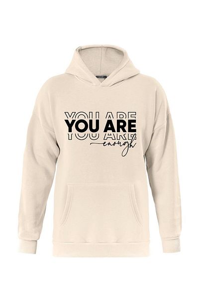 SOFTWAY Unisex Oversize You Are Εκτυπωμένο Φλις Φούτερ με Κουκούλα - Μπεζ