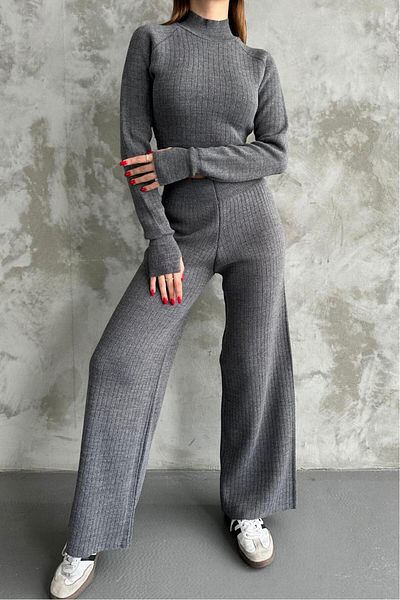 De Pose WOMEN'S Half Fisherman's Knitted Crop Sweater Trousers Knitwear Top and Bottom Set