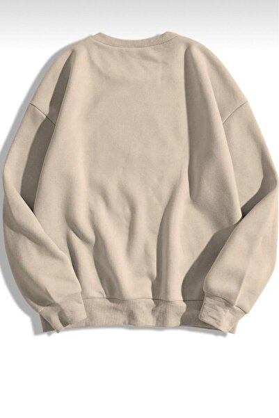 stg spor toptan giyim Női bézs színű Stargirl nyomott mintás, bő nyakú pulóver