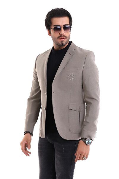 By Karaaslan Spor Ceket Cream Krem Modern Slim Fit Blazer Spandex Jacket Office Formal