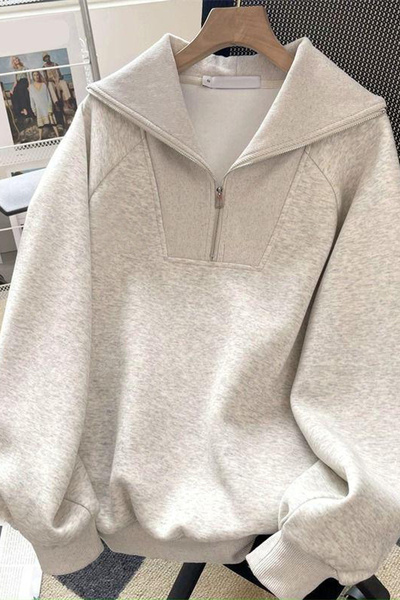 FUWEAR Oversize Gri Dik Yaka Yarım Fermuarlı Sweatshirt 3 İplik Sweatshirt