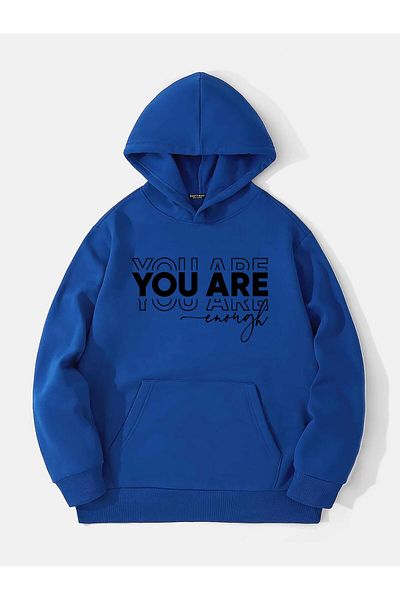 SOFTWAY Unisex Oversize Εσείς Printed Φλις Φούτερ με Κουκούλα - Σαξ Μπλε