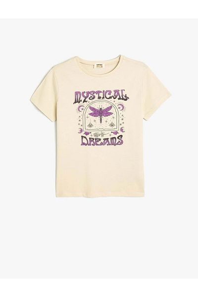 Koton Beige Girl's T-Shirt - Slogan Printed, Short Sleeve, Crew Neck, Cotton 4SKG10578AK