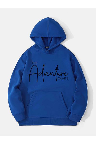 SOFTWAY Φούτερ Unisex Oversize Adventure με στάμπα Fleece Hoodie - Saks Blue