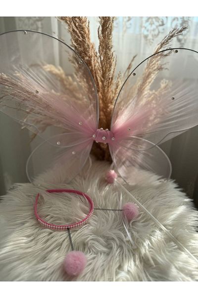 entrend Pink Butterfly Wing Pompom Crown Wand Set