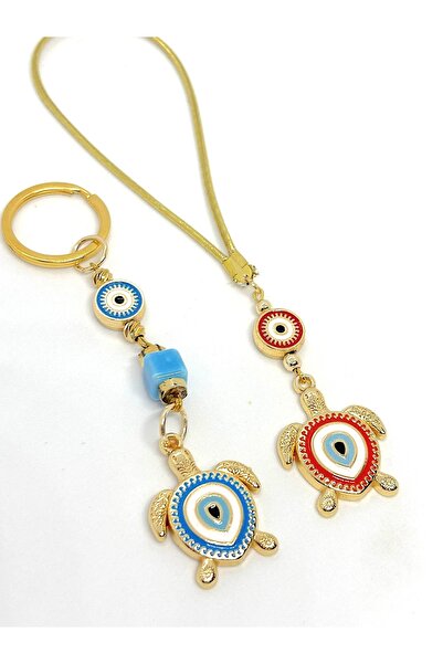 Azrua Ornament pentru oglindă auto cu broasca țestoasă roșie, amulete pentru mașină și set de brelocuri din metal cu broasca țestoasă albastru turcoaz