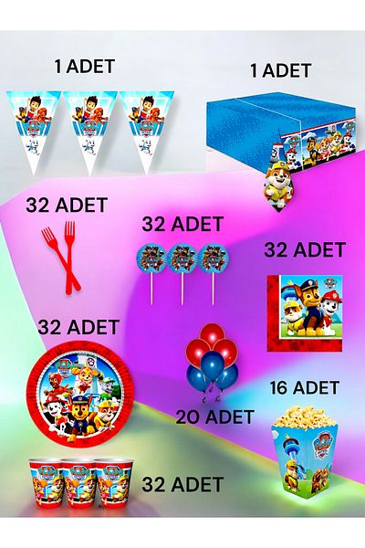 VibeHome 32 Person Paw Patrol Themed XL Pack - Birthday Party & Fun Events
