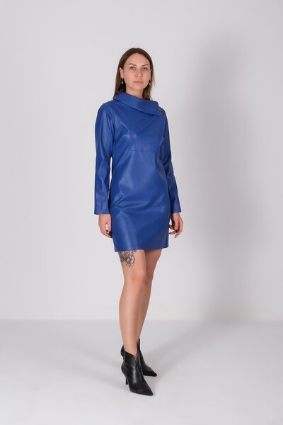 EXPLOSION Vegan Deri Yakalı Gold Fermuar Detaylı Mini Elbise