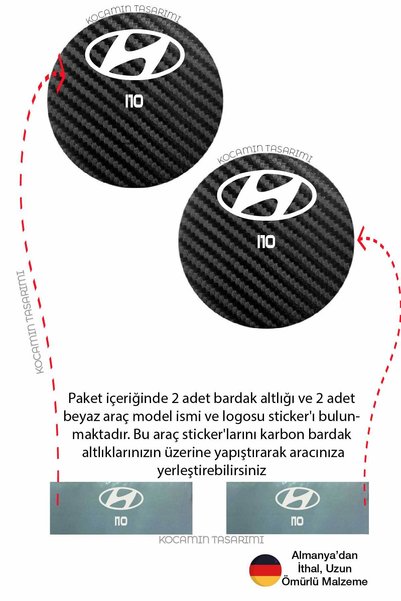 Kocamın Tasarımı For Hyundai I10 Model - 2 Pcs 7 cm Black Carbon Sport Coasters