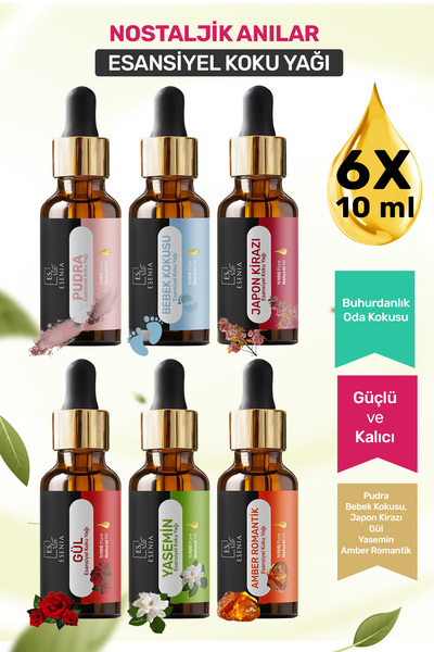 ESENIA 6'lı Set2 Esansiyel Uçucu Yağı Buhurdanlık Difüzör Esansı oda banyo pa...