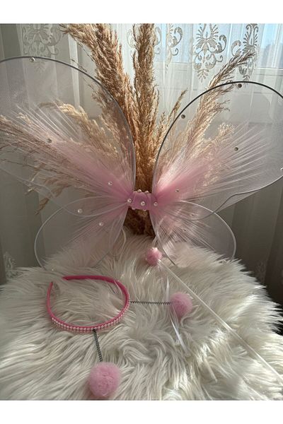 entrend Pink Butterfly Wing Pompom Crown Wand Set