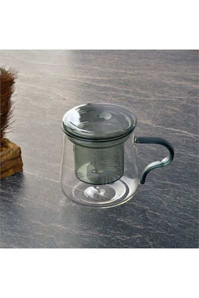 morponi 350 Ml Smoked Borosilicate Mug - With Glass Strainer and Glass Lid