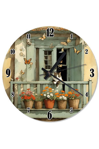 ekart ساعة حائط على شكل قطة مع زهور على النافذة