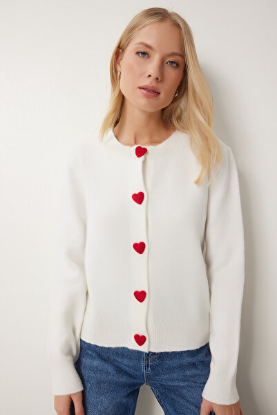 Lovelyİstanbul Cardigan elegant cu nasturi inimioare din tricotaje moi BONE L...