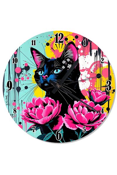 karizmart Black Cat Design Wall Clock with Rose Flowers