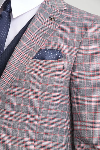 Frappoli Slim Fit Grey-Burgundy Plaid Plaids Plain Mono Neck Double Slit Lined Suit Dress