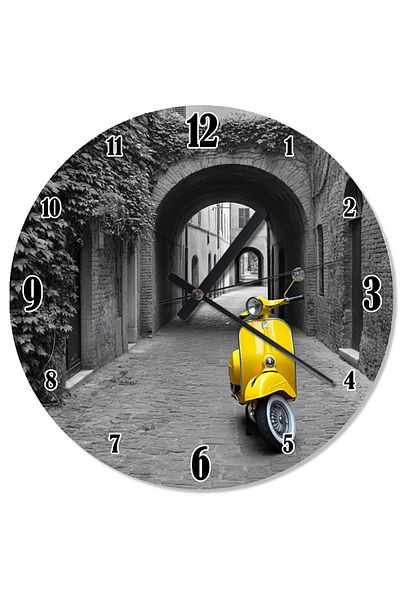 karizmart Yellow Vespa and Cobblestone Analog Wall Clock