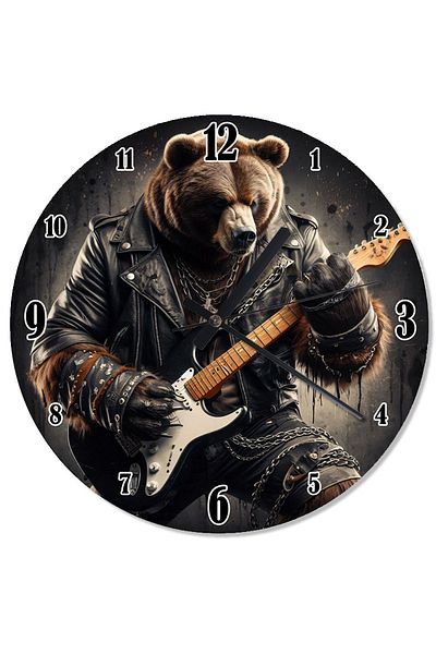 karizmart Bear in Leather Jacket Playing Guitar Decorative Wall Clock