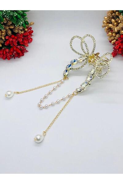 İnDerin Çok Şık Sarkan Zincir Detaylı Taşlı Kıskaçlı Mandal Toka