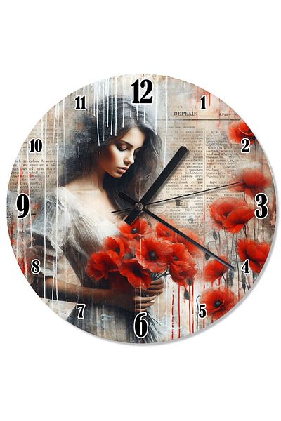 karizmart Red Poppy and Women Printed Wall Clock