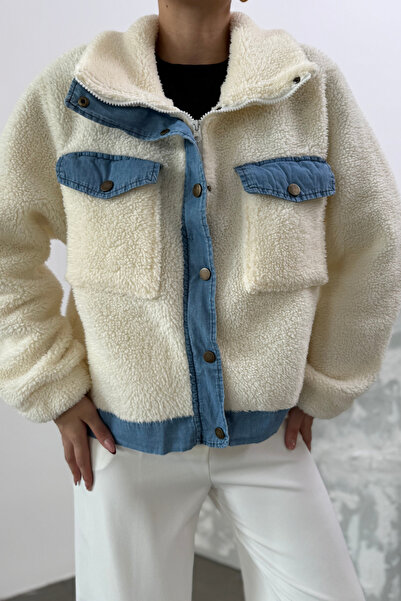 msm fashion Жіночий піджак з плюшевими кишенями, на блискавці, з кнопками, з джинсовими деталями, екрю