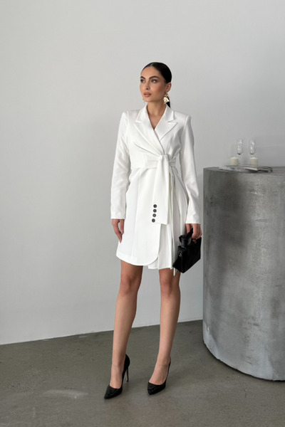 msm fashion Κομψό μίνι γυναικείο φόρεμα με μακριά μανίκια και ζώνη - διπλό γιακά και πλισέ μπουφάν