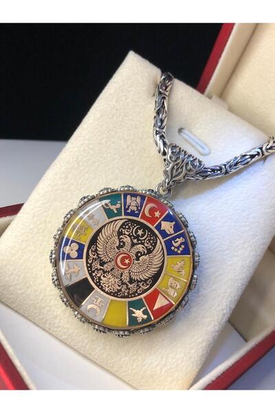 vogutima Gümüş Kolye - 16 Türk Devleti Bayrakları Işlemeli Selçuklu Kartalı K...