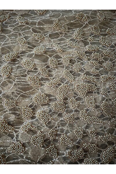 zeinapp İnci İşlemeli Simli Geometrik Desen Tüllü Enine Likralı Abiye Kumaş 1...