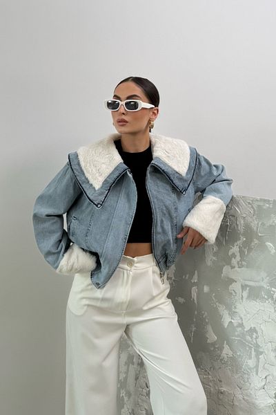msm fashion Palton de damă, scurt, de pluș, cu guler lat, cu fermoar, cu talie elastică, jachetă din denim