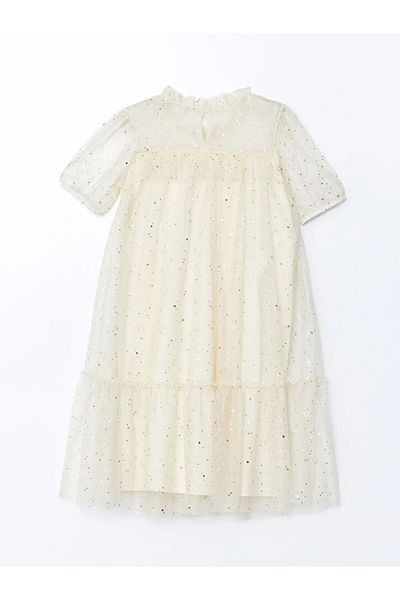 LC Waikiki Lcw Kids Ecru Crew Neck Sparkle Girl's Dress