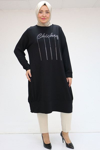 Eslina 48091 Plus Size Skirt Gathered Stone Printed Crystal Tunic - Black