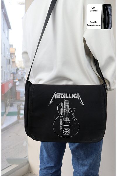 Fuddy Moda Metallica Lettering Messenger Bag, Unisex Guitar Rock Band Printed Shoulder Bag