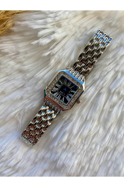 QUARTZ Women's Vintage Roman Numeral Square Black Zircon Stone Wristwatch