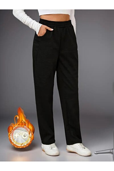 CAONNES Μαύρο φαρδύ παντελόνι φόρμας με ελαστικό και άνετο ύφασμα - ŞAH MODA1623