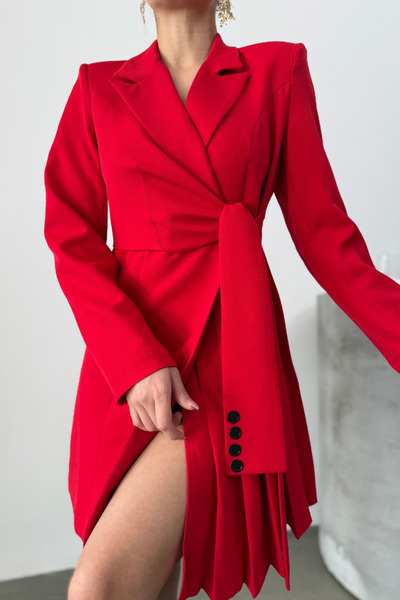 msm fashion Жіноча сукня міні елегантна з довгим рукавом з поясом двобортний комір плісирований піджак сукня з плісированим коміром