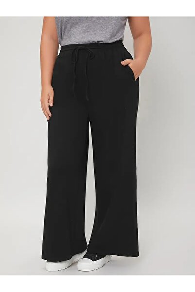 CAONNES Μαύρο φαρδύ παντελόνι φόρμας με ελαστικό και άνετο ύφασμα - ŞAH MODA9623