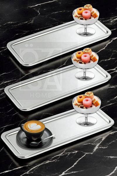 ÖzSa Home 6 Pieces Presentation Set Steel Rectangular Tea Coffee Serving Presentation Tray and Turkish Delight Snack Bowl Ice Cream